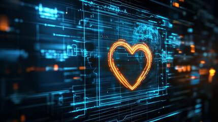 Wall Mural - Futuristic medical background with glowing cyan heart rate graph pulsing on a dark digital screen. Includes HUD interface elements and biometric visuals. Minimal layout with caption space on the side.