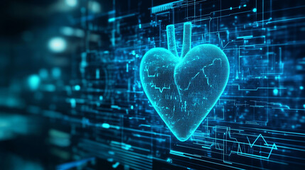 Wall Mural - Futuristic medical background with glowing cyan heart rate graph pulsing on a dark digital screen. Includes HUD interface elements and biometric visuals. Minimal layout with caption space on the side.