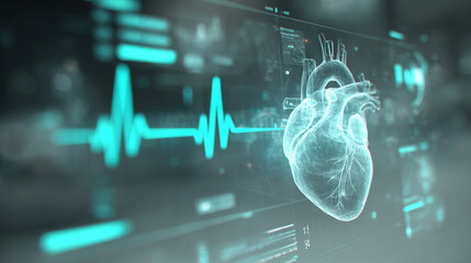 Wall Mural - Futuristic medical background with glowing cyan heart rate graph pulsing on a dark digital screen. Includes HUD interface elements and biometric visuals. Minimal layout with caption space on the side.