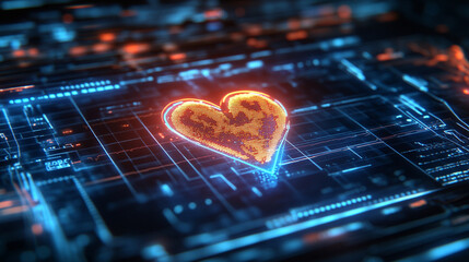 Wall Mural - Futuristic medical background with glowing cyan heart rate graph pulsing on a dark digital screen. Includes HUD interface elements and biometric visuals. Minimal layout with caption space on the side.