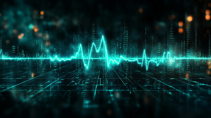 Wall Mural - Futuristic medical background with glowing cyan heart rate graph pulsing on a dark digital screen. Includes HUD interface elements and biometric visuals. Minimal layout with caption space on the side.
