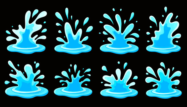 Collection of dynamic blue water splashes and droplets, rendered as a clean vector graphic with transparent background for versatile design applications.