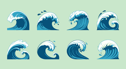 Leinwandbilder - A vector illustration set showcasing stylized ocean waves with water splashes, perfect for design projects, available in a PNG format for easy integration and use.