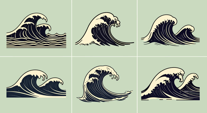 A set of vector illustrations showcases stylized water splash designs, perfect for graphic resources and creative projects, offering a dynamic visual element with a vintage aesthetic.