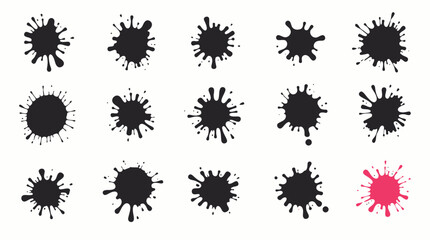Poster - A collection of black ink splashes and splatters in a vector format, featuring a single red splash, perfect for design elements and creative projects on a white background.
