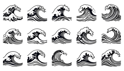 Poster - A dynamic vector illustration depicts a collection of stylized water splashes and waves, rendered with clean lines and a transparent background, perfect for graphic design projects.