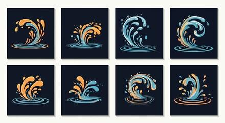 Poster - Vibrant vector illustrations showcase dynamic water splash designs in various colors, perfect for creative projects, web design, and artistic endeavors, offering a visually appealing aesthetic.