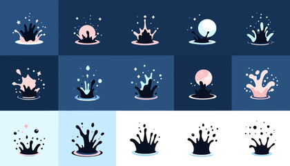 Poster - A collection of stylized vector water splash icons and liquid drop elements in various shapes and forms, ideal for graphic design projects.