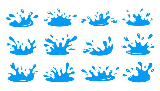 A collection of vector illustrations showcases dynamic water splashes, rendered in a clean, modern style and isolated on a transparent background for versatile use.