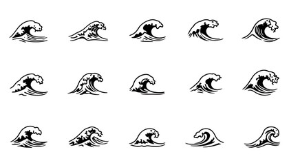 Poster - Collection of vector water splashes and waves in various shapes and styles, isolated on a white background, perfect for graphic design and illustration projects.