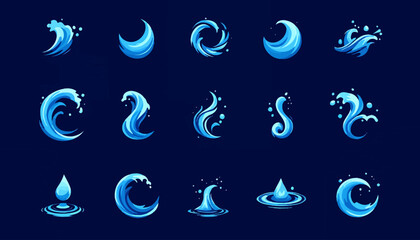 Poster - Dynamic collection of stylized blue water splashes and waves, presented as vector graphics with transparent backgrounds for versatile design applications.