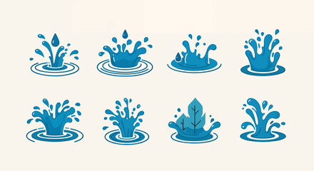 Poster - A collection of vibrant blue water splash vector illustrations, perfect for design projects, featuring various droplet and ripple effects on a neutral background, available as a PNG.