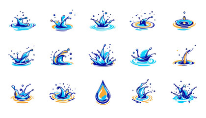 Poster - This vector graphic showcases a collection of dynamically rendered water splashes and droplets, perfect for adding a refreshing and vibrant touch to designs, presentations, and more.