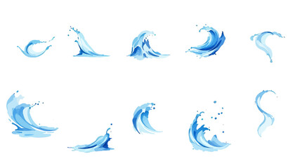 Poster - Collection of dynamic, artistic vector water splashes and wave illustrations in blue hues, ideal for graphic design projects needing fluid motion and aquatic themes.