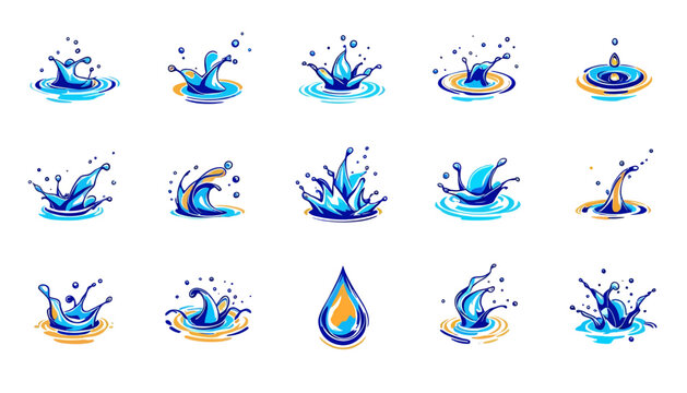 This vector graphic showcases a collection of dynamically rendered water splashes and droplets, perfect for adding a refreshing and vibrant touch to designs, presentations, and more.