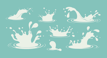 Poster - A collection of dynamic white water or milk splashes with ripples and drops, presented as isolated vector illustrations on a light blue background, perfect for graphic design.