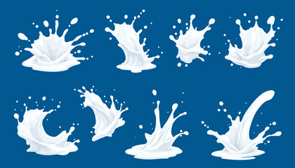 Poster - A realistic set of dynamic white liquid splashes and drops, isolated on a blue background, ideal for beverage packaging and creative design.