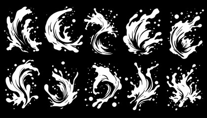 Poster - Dynamic white water splashes captured in a vector graphic format, perfect for design elements and visual effects on a dark background.