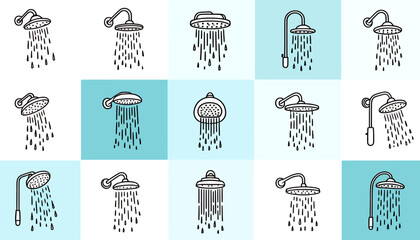 Poster - Collection of diverse shower heads illustrating water splashing in a clean, graphic style, perfect for hygiene and home decor themes.