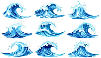 Poster - A collection of dynamic blue water waves and splashing elements, presented as isolated vector illustrations, perfect for various graphic design projects.