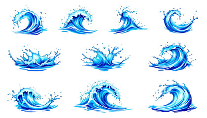 Poster - a dynamic collection of vibrant blue water splashes and ocean waves, rendered in a detailed vector s