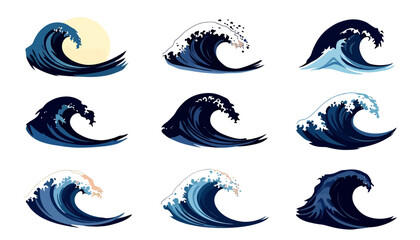 Leinwandbilder - A vibrant set of stylized ocean waves in various shades of blue, showcasing dynamic water splashes and powerful motion on a clean background.