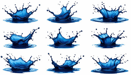 Leinwandbilder - High-resolution vector PNG images depicting nine variations of a blue water splash, ideal for web design, print, and animation projects needing a dynamic liquid element.
