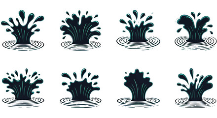 Leinwandbilder - High-quality vector PNG illustrations of eight dynamic water splashes, ideal for various design projects, showcasing different splash shapes and ripple effects, perfect for adding a refreshing touch