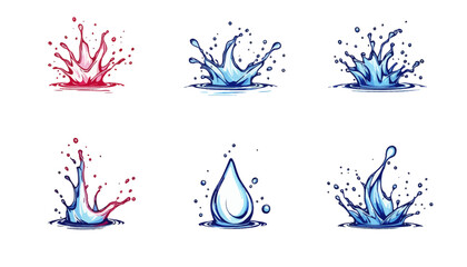 Leinwandbilder - Collection of six dynamic water splash illustrations in vector format, perfect for adding a refreshing touch to designs with their fluid motion and vibrant colors.