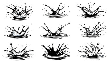 Leinwandbilder - Dynamic collection of nine black ink water splashes and droplets captured in mid-air, perfect for graphic design elements.