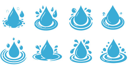 Leinwandbilder - A collection of blue water drop icons with various splash and ripple effects, presented as clean vector illustrations on a white background.