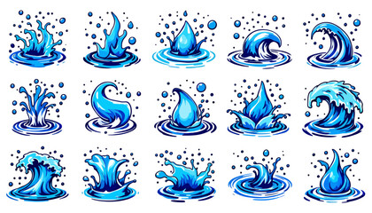 Leinwandbilder - Dynamic vector illustrations showcasing a collection of water splash elements, perfect for design projects needing a vibrant and refreshing aquatic visual.