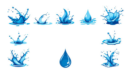 Leinwandbilder - A collection of vibrant blue water splashes and dynamic drops, isolated on a clean white background, perfect for graphic design elements.