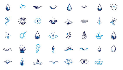 Leinwandbilder - Collection of abstract blue water splashes and droplets in various dynamic shapes and forms, perfect for graphic design elements.