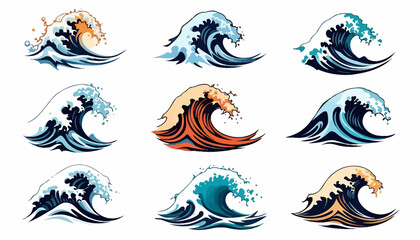 Leinwandbilder - Collection of nine stylized vector graphic illustrations depicting dynamic ocean waves with splashes, perfect for aquatic themes and design projects.