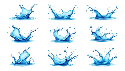 Leinwandbilder - Vibrant blue water splashes depicted with realistic motion, presented as isolated vector illustrations on a crisp white background for versatile graphic design use.