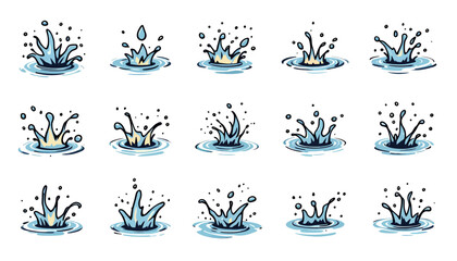 Leinwandbilder - Collection of dynamic hand-drawn water splash illustrations in vector format, perfect for graphic design projects and conveying liquid motion.