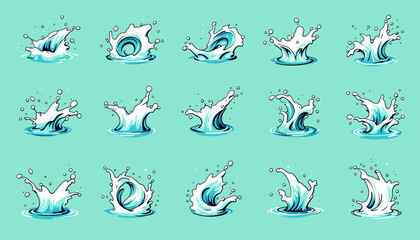 Leinwandbilder - A collection of dynamic cartoon water splashes and ripple effects, perfect for adding refreshing liquid elements to various design projects.