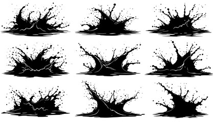 Poster - High-resolution vector PNG set of nine stylized water splashes, ideal for various design projects, offering diverse shapes and dynamic forms for creative applications.