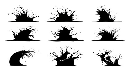 Leinwandbilder - Dynamic black ink splashes captured in a vector graphic, offering versatile abstract elements for design projects, isolated on a white background.