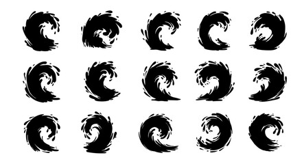 Poster - High-quality vector PNG set of 18 unique water splash silhouettes, ideal for various design projects, offering diverse shapes and styles for creative applications.