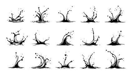 Poster - High-resolution vector PNG set of 16 unique water splash illustrations, perfect for adding dynamic liquid effects to your designs, websites, or digital art projects.  These versatile elements are