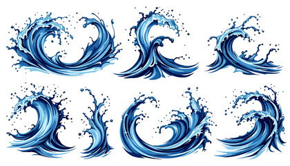 Leinwandbilder - A collection of dynamic vector illustrations showcasing water splash elements, designed in a vibrant blue, perfect for graphic design projects, adding a touch of aquatic energy.