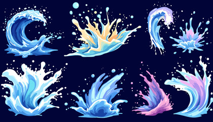 Leinwandbilder - A dynamic collection of vector water splashes, rendered in high-resolution PNG format, showcasing fluid motion and vibrant color variations for diverse design applications.