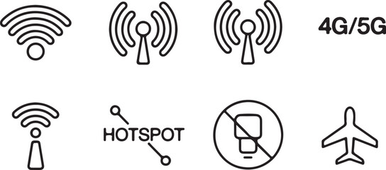 Poster - Wireless Connection and Hotspot Icons in Black and White Including Signal Strength Hotspot Symbol and No Mobile Phone Usage Sign for Technology and Communication Concepts