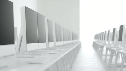 Poster - Minimalist Workplace: Row of Modern Computers in a Bright White, Clean and Contemporary Setting