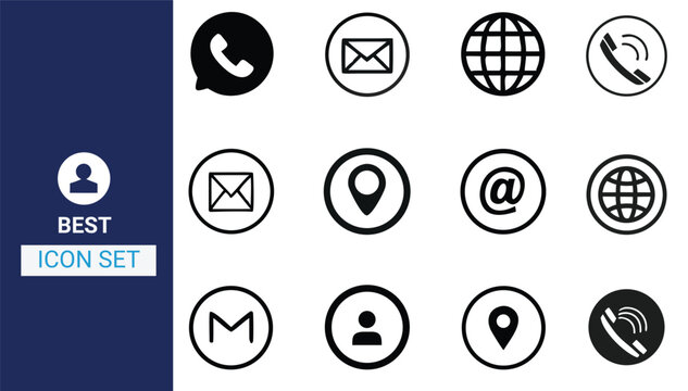 Business card icon set. Contact Us design template. Editable stroke sign pack. Contains icons - name, phone, location, website, address, mail, email, office, mobile, and chat symbol.mail envelope icon