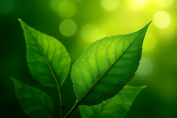 Poster - Close-up of vibrant green leaves with visible veins against a blurred green and yellow bokeh background