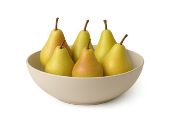 Fototapete - Fresh pears nestled in ceramic bowl, displaying smooth golden-green skin against clean white surface