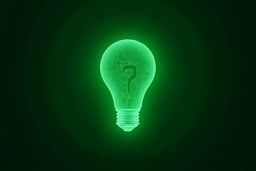 Aufkleber - Glowing green lightbulb with question mark symbol inside on dark green background representing ideas and concepts